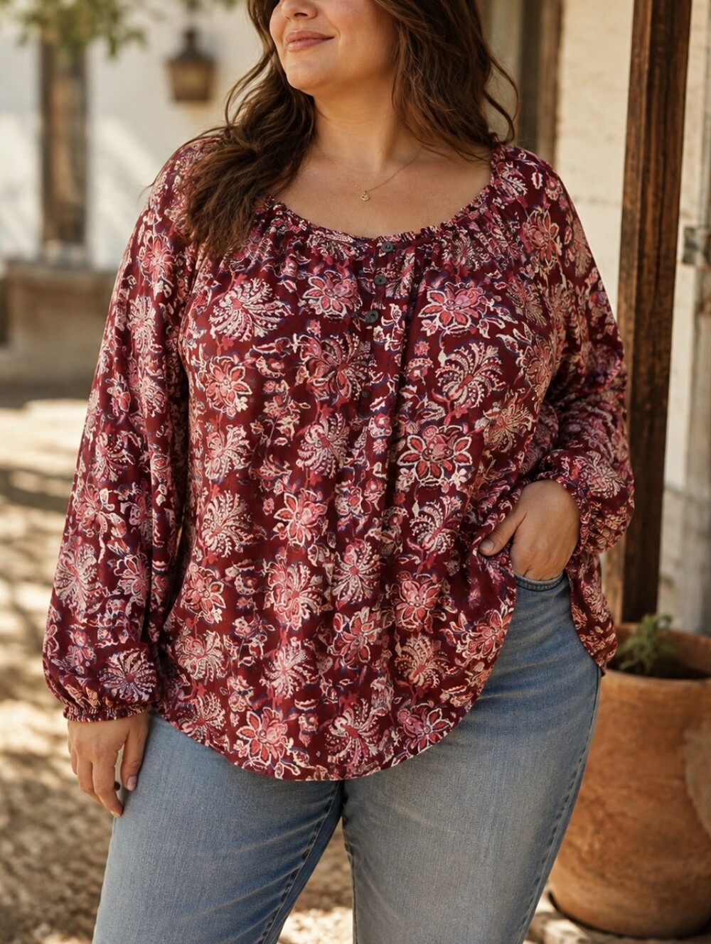 Style & Co. Rayon Plus Size Maroon Floral Peasant Blouse Boho Long Sleeve Top
